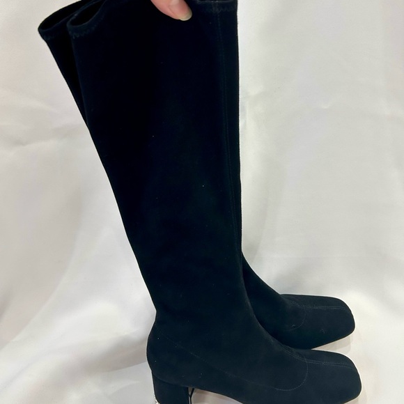 Miu Miu Black Knee-High Suede Boots with Crystal-Trim Block Heel - Picture 9 of 14
